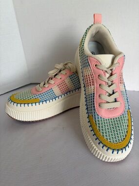 LUCKY STEP Women's Platform Sneakers Pink/Yellow Multi Knit Walking Shoes Sz 8